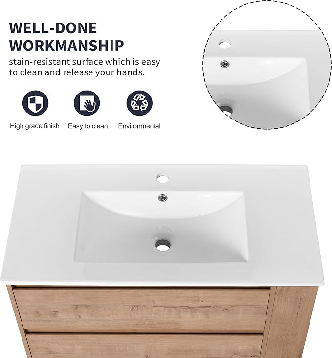 Henf 36 Inch Wall Mount Bathroom Vanity W/Sink Combo, Modern Design Vanity Cabinet with Ceramic Basin, Floating Mounting Bathroom Cabinet Set with 2 Drawer and Adjustable Storage Shelf, Oak