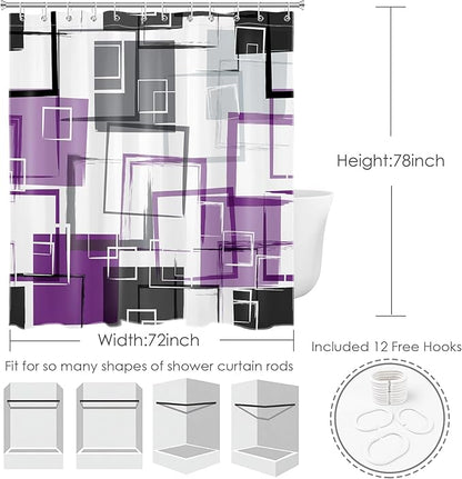 Purple Geometric Modern Shower Curtain for Bathroom,Grey Black and White Abstract Striped Shower Curtain with Hooks Mid Century Minimalist Bathroom Shower Curtain Set,78L X 72W inches