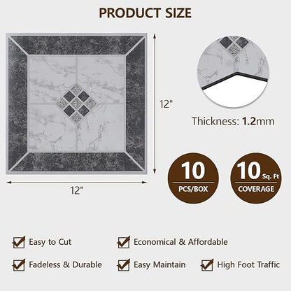Peel and Stick Floor Tile, 10-Pack 12" x 12" Vinyl Flooring, Waterproof Self-Adhesive Luxury Vinyl Tiles, Easy DIY for Bathroom, Kitchen, Dinning Room, RV, Cover 10 Sq. Marble Diamond