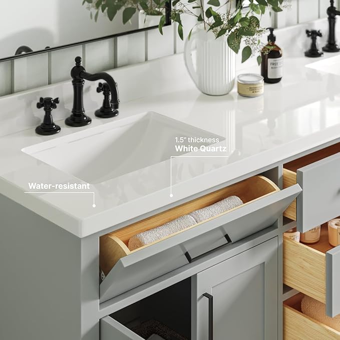 ARIEL Hepburn 72-inch Bathroom Vanity with Sink,Solid Wood, 1.5-inch Pure White Quartz Countertop & Backsplash, Double Rectangular Porcelain Sink, 4 Soft Closing Doors, 6 Dovetail Drawers, Grey