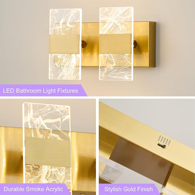 Modern LED Bathroom Light Fixtures Dimmable 2-Light Gold Vanity Light | 5CCT Adjustable Lighting, Smoked Acrylic LED Vanity Lights, Wall Sconces for Bathroom, Dimmable 6000K