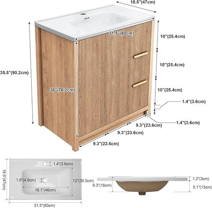 Bathroom Vanity with Sink, 32 Inch Single Bathroom Vanity with Sink with Storage Cabinet, 2 Drawers & 2 Doors, Solid Wood Storage Cabinet with Ceramic Basin for Bathroom, Nature Oak
