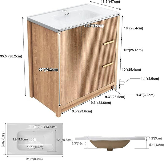 Bathroom Vanity with Sink, 32 Inch Single Bathroom Vanity with Sink with Storage Cabinet, 2 Drawers & 2 Doors, Solid Wood Storage Cabinet with Ceramic Basin for Bathroom, Nature Oak