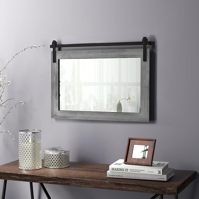COGOOD Farmhouse Barn Door Mirror - 18 x 25 Grey | Rustic Wood Framed Vanity Mirror for Entryway, Living Room, Bedroom, Bathroom Wall Decor