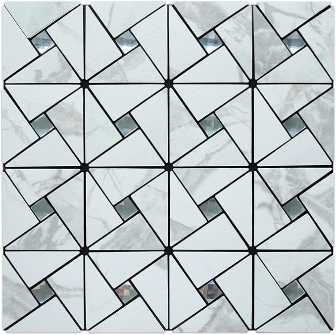 DICOFUN 1 Sheet White Marble Look Peel and Stick Backsplash Tile, Mixed Glass Self-Adhesive Mosaic Tiles, Stainless Steel Stick on Wall Tiles for Kitchen and Bathroom Backspalsh, Mirror Decor