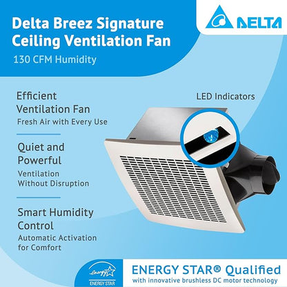 Delta Breez Signature Exhaust Ceiling Bath Fan 130 CFM Energy Efficient Quiet Operation Motor with Humidity Sensor and LED Indicator Light, White