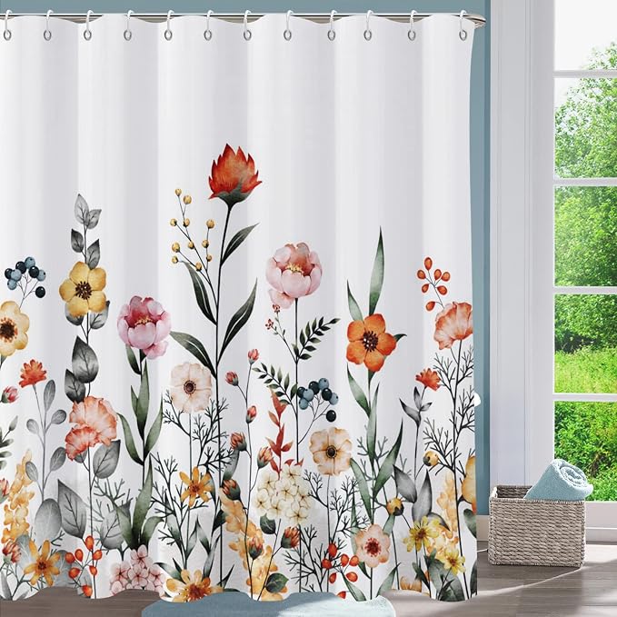 Floral Shower Curtain, Flower Shower Curtains for Bathroom, Watercolor Leaf Bathroom Curtain, Fabric Shower Curtains for Home Hotels Bathtubs Decor Easy Care Machine Washable 72x72