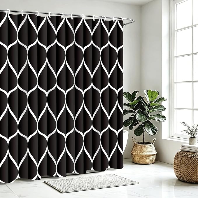 Gelbchu Geometric Shower Curtain for Bathroom, Black, 72x72 Inch | with Hooks, Premium Polyester, Quick Dry, Water Repellent, Machine Washable, Rustproof Grommets, Modern Minimalist