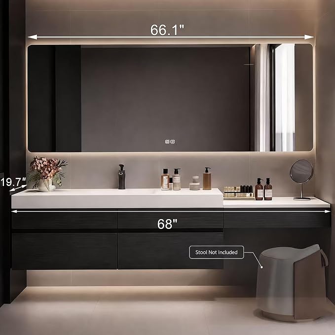 68" Bathroom Vanity with Sink, Modern Floating Bathroom Vanity, with Smart LED Defog Mirror, Plywood Storage Cabinet Soft Closing 2 Large Doors & 3 Drawers, Fully Pre-Assembled, Dressing Table