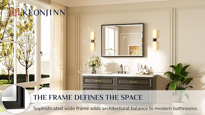 Keonjinn Black Framed Bathroom Mirrors for Over Sink 40" x 30", Aluminum | Tempered Glass with Beveled Edge, Effortless French Cleat Installation, Modern Farmhouse Style, Black Vanity Mirror for Wall