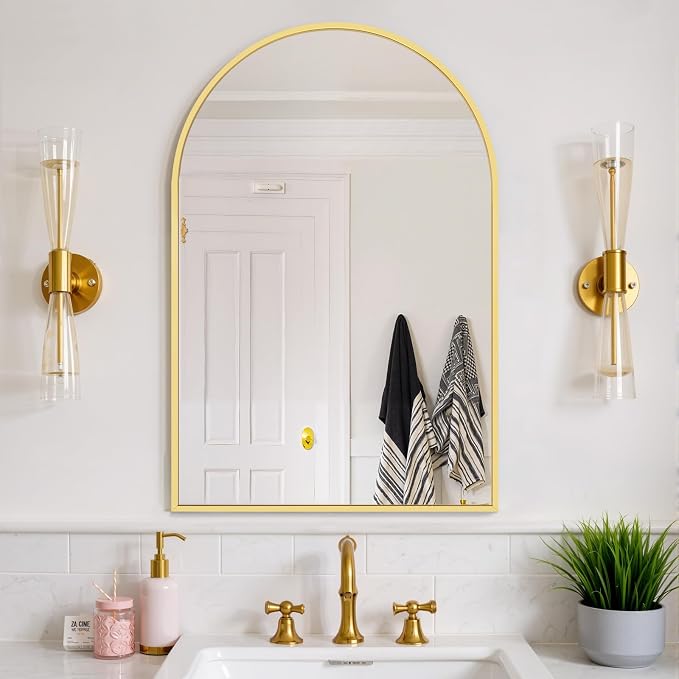 Bathroom Mirror for Wall, 36x24 Inch Arched Mirror, Matte Gold Metal Framed Bathroom Vanity Mirrors for Restroom Farmhouse, Anti-Rust, Tempered Glass, Hanging or Leaning