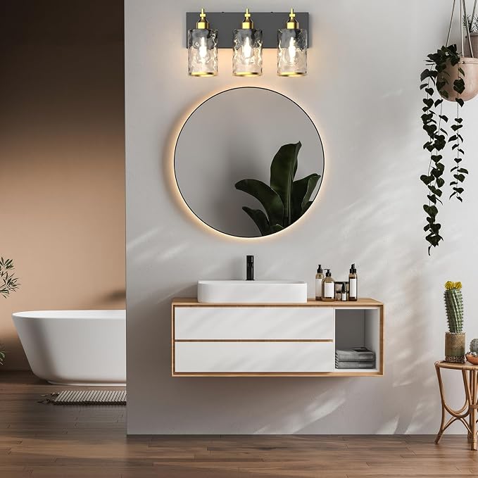 3-Light Bathroom Vanity Light Fixtures, Modern Bathroom Lighting Fixtures Over Mirror with Golden Wave Glass Lampshade, E26 Base Modern Vanity Lighting, Suit for Stairway Bedroom and Hallway
