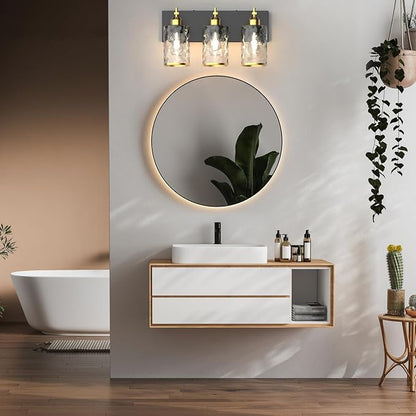 3-Light Bathroom Vanity Light Fixtures, Modern Bathroom Lighting Fixtures Over Mirror with Golden Wave Glass Lampshade, E26 Base Modern Vanity Lighting, Suit for Stairway Bedroom and Hallway