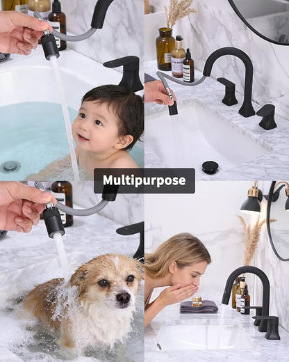 Bathroom Faucet 3 Hole with Pull Out Sprayer, 8 Inch Widespread Bathroom Faucet, Magnetic Pull Out Faucet for Easy to Use, Matte Black (with Pop-up Drain)
