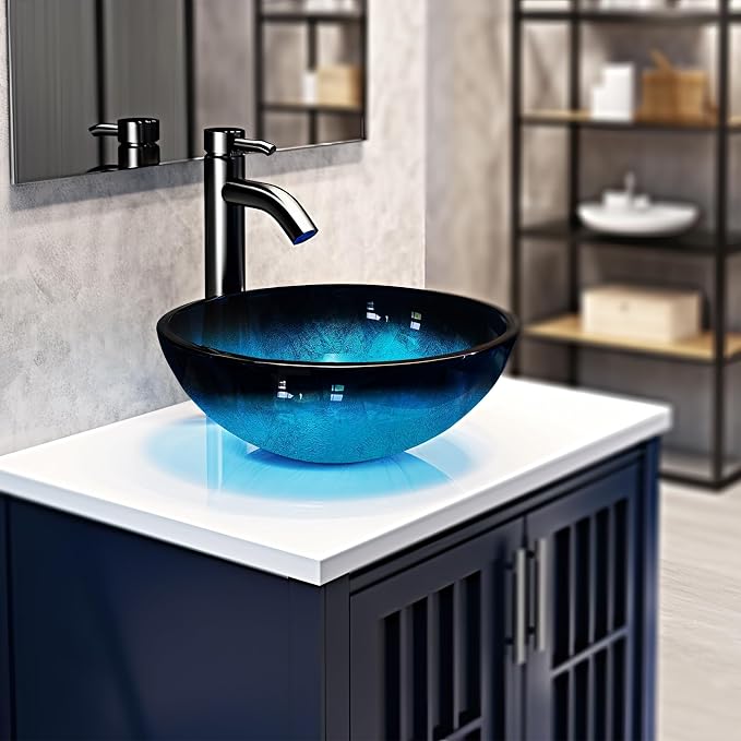 Vessel Sink 12" Bathroom Sinks Tempered Glass Blue Art Basin Round Bowl with Faucet Combo, Blue