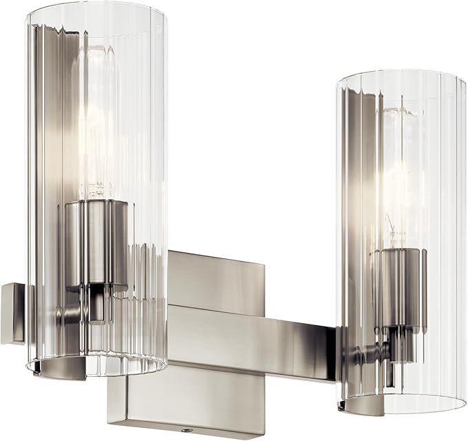 Kichler Jemsa 2 Light Vanity, Modern Light with Clear Fluted Glass in Brushed Nickel for Bathroom or Powder Room (9.75" x 13.75"), 55167NI