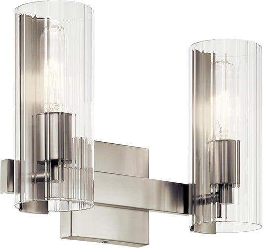 Kichler Jemsa 2 Light Vanity, Modern Light with Clear Fluted Glass in Brushed Nickel for Bathroom or Powder Room (9.75" x 13.75"), 55167NI