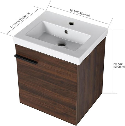 18" Wall-Mounted Bathroom Vanity with Sink, 18 inch Modern Floating Bath Vanity Design with Soft-Closing Door & Space-Saving Storage, Dark Brown