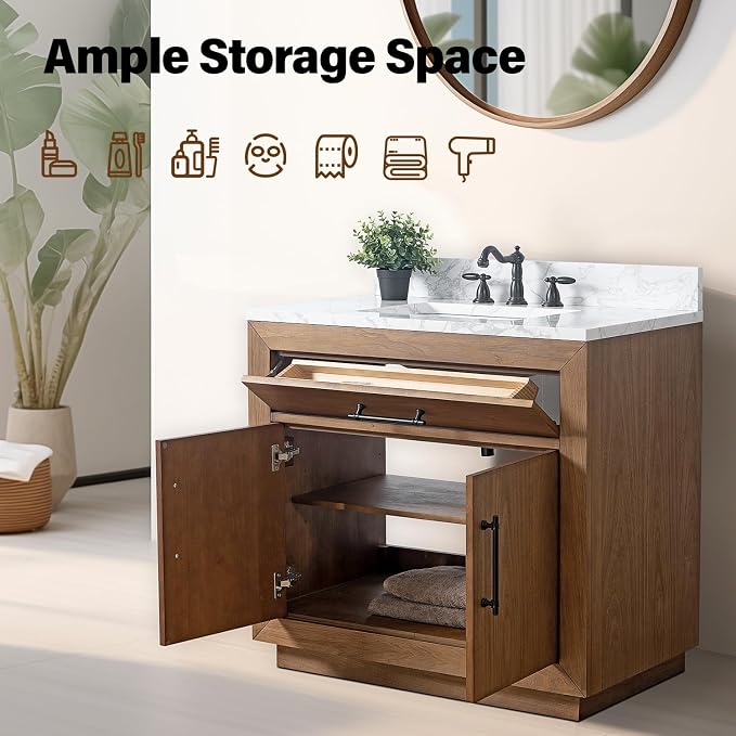 Vanity Art Modern Bathroom Cabinet with Carrara Marble Top, 36 inch Tan Wood Cabinet, Single Sink, Soft Closing Doors, Removable Shelf, VA7036E