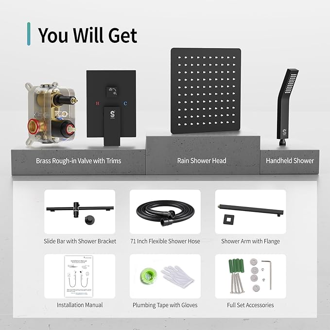 SR SUN RISE 10 Inch Slide Bar Shower Faucet Luxury High Pressure Shower Heads and Handheld Spray Combo Set Wall Mounted Shower System Included Valve and Trim Kit, Matte Black