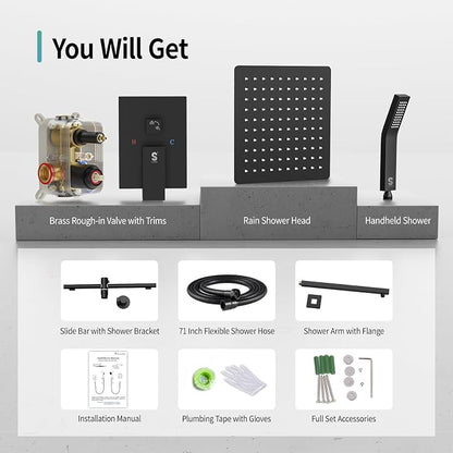 SR SUN RISE 10 Inch Square Shower System with Slide Bar,Matte Black | Rain Head and Handle System,16" Adjustable Shower Slide Bar,Soild Brass,Wall Mount,Included Valve and Trim Kit