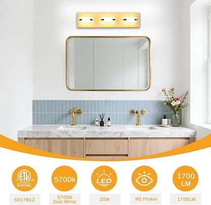 LED Bathroom Light Fixtures, 3-Light Modern Vanity Lights with Milky White Frosted Acrylic Shades, Gold Bathroom Lighting fixtures Over Mirror, ETL Listed, 20W (Cool White 5700K)