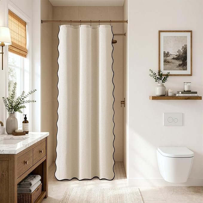 MIULEE Cream Beige Small Stall Scalloped Linen Shower Curtain 36x72 Inches | Linen Textured, Waterproof, Washable, 6 Metal Hooks, Narrow Heavy Duty Cloth, Black Border, Shower Curtain for Bathroom Hotel