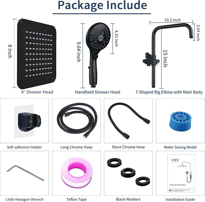 VXV 8'' High Pressure Rainfall Shower Head with 6 Function Handheld Shower Spray, Dual Shower Head Combo with Adjustable Slide Bar, Luxury Matte Black