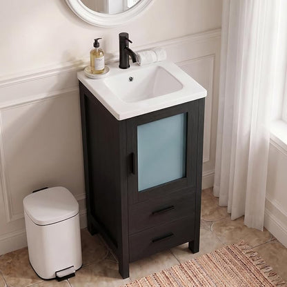 wonline 16 Inch Bathroom Vanity Set with Sink, Small Space Cabinet, Black | Faucet, pop-up drain & hardware included; water-resistant MDF; cultured marble top with ceramic basin; 2 drawers + door