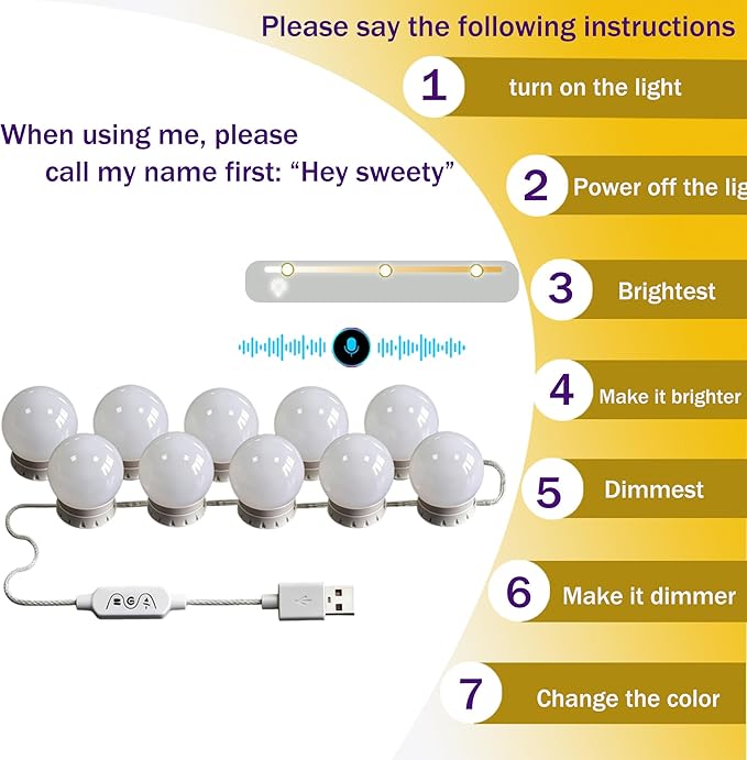 LED Voice-Activated Vanity Lights for Mirror Consciot Hollywood Style Vanity Lights with 10 Dimmable Bulbs