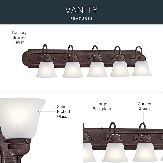 Kichler 5-Light Bathroom Vanity Light, Tannery Bronze | Damp-rated vanity light with satin etched glass (36" x 8" x 5"), 5339TZS