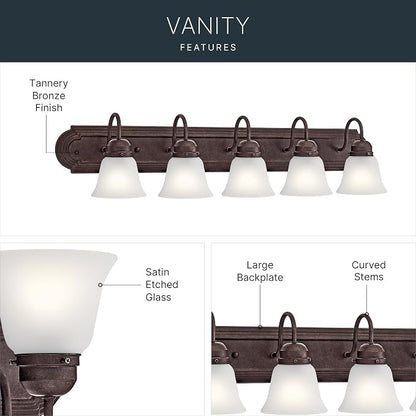 Kichler 5-Light Bathroom Vanity Light, Tannery Bronze | Damp-rated vanity light with satin etched glass (36" x 8" x 5"), 5339TZS