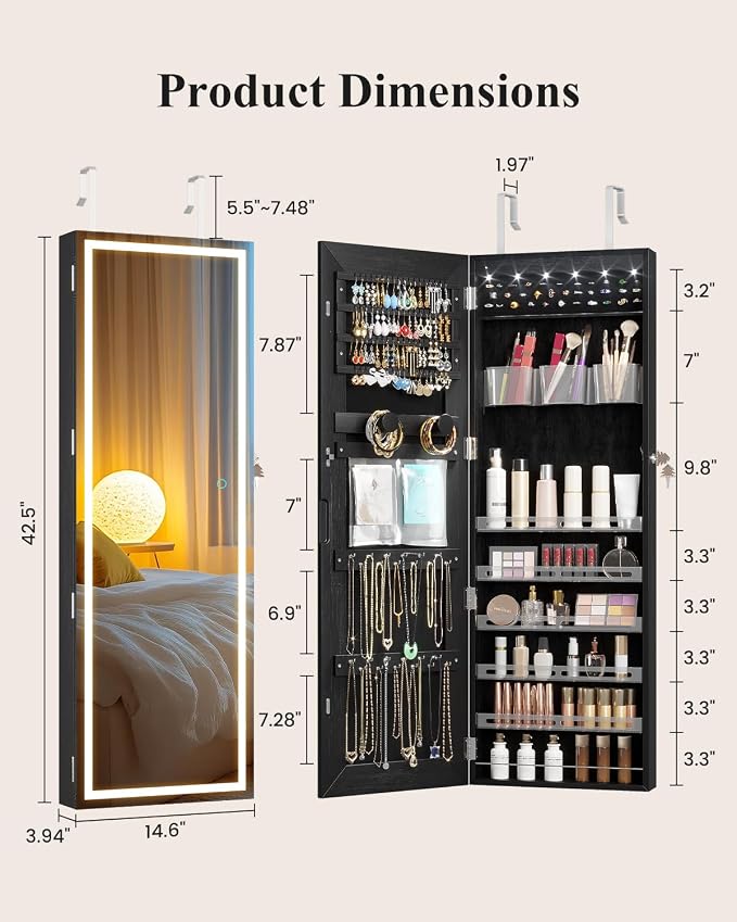 LVSOMT Wall Mounted Jewelry Organizer with Full Length Mirror, 42.5" Black | Over the Door Mirror with Storage, Lockable Jewelry Cabinet for Earring Ring Necklace, Large Capacity, Gift for Women