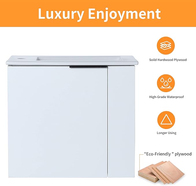 22" Floating Bathroom Vanity with Sink, Wall Mounted for Small Bathrooms, Soft-Close Door Cabinet with White Ceramic Basin & Waterproof Plywood, Modern Space Saving Vanity for Apartment