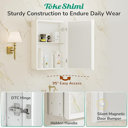 TokeShimi 14 x 18 White Recessed Medicine Cabinet with Mirror, Assembly Required, Bathroom Medicine Cabinet with Mirror, Stepless Adjustable Shelves, Beveled Aluminum Frame, DTC Hinge