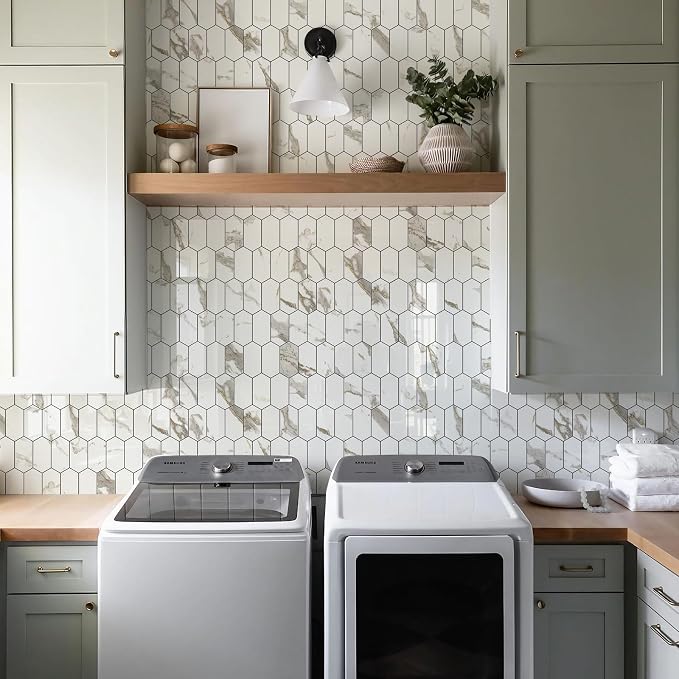 Vamos Tile Long Hexagon Peel and Stick Backsplash Tile - 10 Sheets Stick on Backsplash for Kitchen and Bathroom 12.4 x 12 Inch Glossy White Marble with Gold Veining PVC Self Adhesive Mosaic Wall Tiles