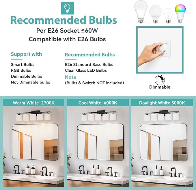 Honesorn Black Vanity Light, 5-Light Bathroom Light Fixtures, Frosted Shade | Matte Black Bathroom Vanity Light, Wall Sconces with Milky White Frosted Shades for Bedroom,E26 Socket(Bulbs Not Included)
