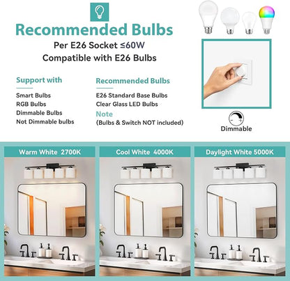 Honesorn Black Vanity Light, 5-Light Bathroom Light Fixtures, Frosted Shade | Matte Black Bathroom Vanity Light, Wall Sconces with Milky White Frosted Shades for Bedroom,E26 Socket(Bulbs Not Included)