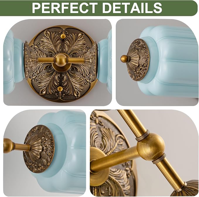 Vintage Milk Glass Bathroom Vanity Light, 2-Light Vintage Wall Sconce with Antique Brass Finish Base & Mint Blue Glass Shad, Wall Sconce Lighting for Mirror, Living Room, Gallery (Bulbs Included)