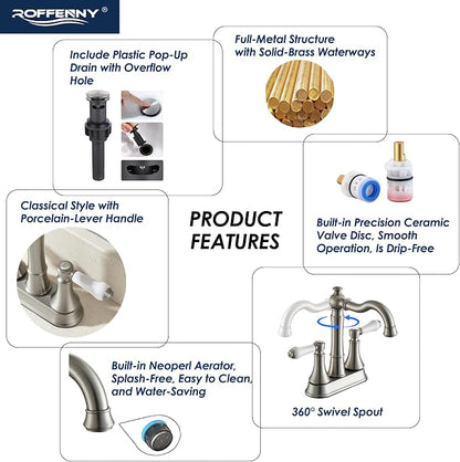 Porcelain 2-Handle Brushed Nickel Bathroom Faucet 4 Inch Centerset | with Plastic Pop-up Drain, Classical 4" Bath Lavatory Vanity Faucets for 2/3 Hole Sinks, High Arc 360° Swivel Brass Spout