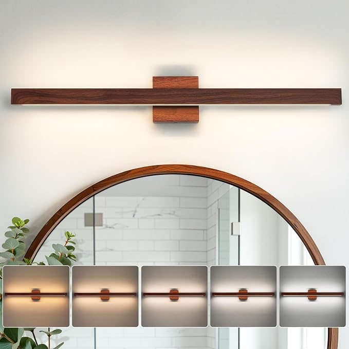 Bathroom Vanity Light 32 Inch, 26W Dimmable 5CCT LED Bathroom Light Fixture Over Mirror Brown Wood Finish Vanity Lighting Fixture Bar with Up & Down Lighting for Restroom Bedroom