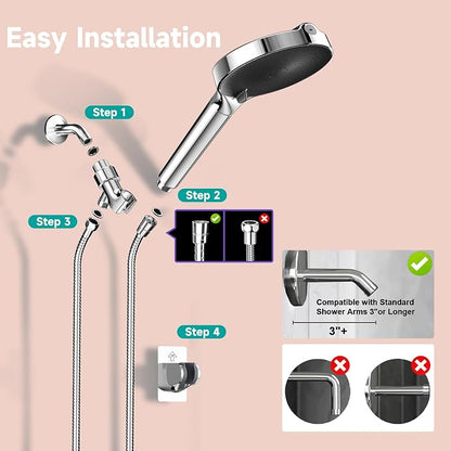 6“ Filtered Shower Head with Handheld, 6-Spray High Pressure Shower Head with Filter for Hard Water, Detachable Handheld Showerhead with Hose and Shower Arm Bracket, Chrome-Black