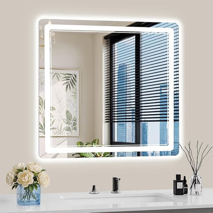 30"x30" LED Bathroom Mirror with Lights, Backlit + Front Lit, Anti-Fog, Lighted Bathroom Mirror for Wall, HD Shatterproof Tempered Glass, Dimmable, Memory Function (Horizontal/Vertical)