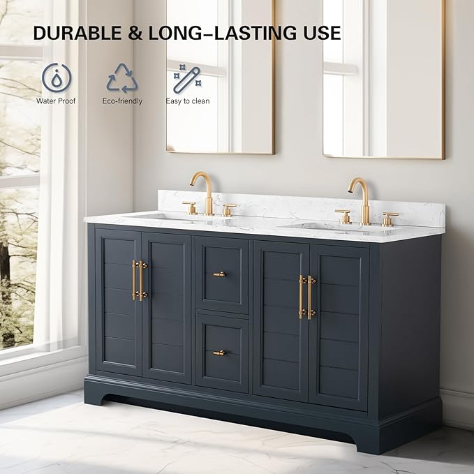 HOMEBEYOND 60 Inch Bathroom Vanity with Double Sink & Ceramic Top, Vanity Cabinet with Center Countertop Basin, Soft-Closing Doors, Backsplash, Vintage Spruce Blue