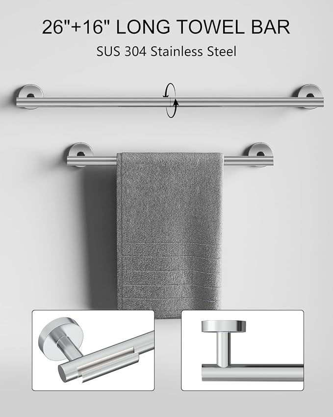 Wall-Mount Towel Bar Bathroom Hardware Accessory Set 12-Piece | Chrome,Stainless Steel,Wall Mount,Bathroom Hardware Set,Simple DIY installation,Stain-resistant and easy to maintain,Modern