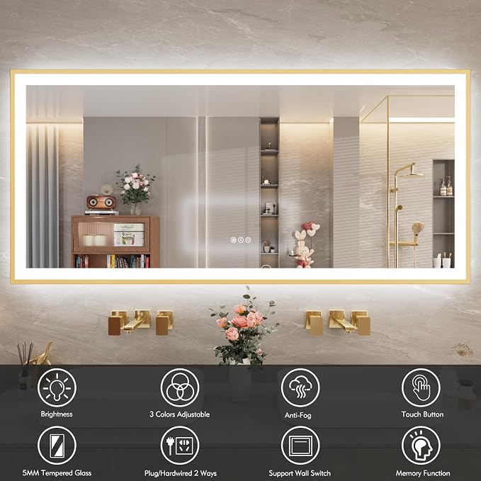 72x32 Inch LED Bthroom Mirror with Gold Frame | Gold Metal Frame, Front and Backlit, 3 Colors, Dimmable, Memory, Anti Fog, Tempered Glass, Lighted Mirror for Wall