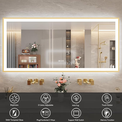 72x32 Inch LED Bthroom Mirror with Gold Frame | Gold Metal Frame, Front and Backlit, 3 Colors, Dimmable, Memory, Anti Fog, Tempered Glass, Lighted Mirror for Wall