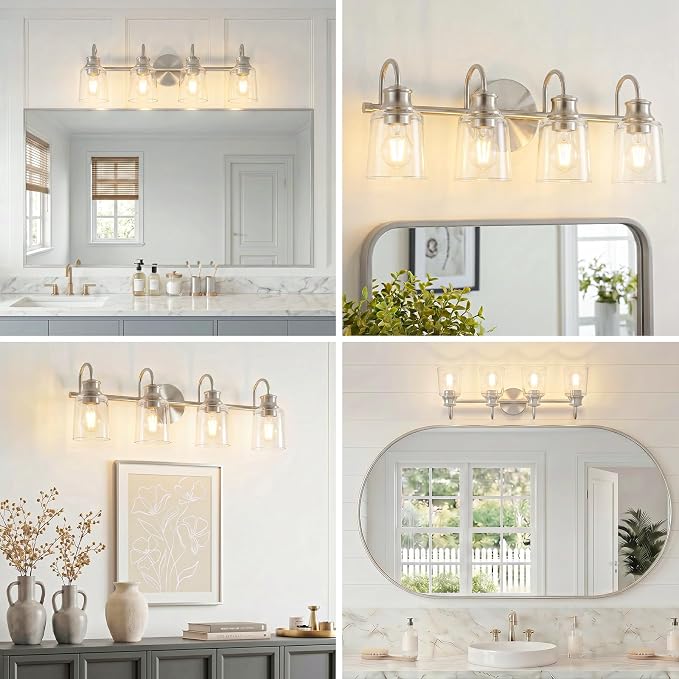 4 Lights Bathroom Light Fixtures Brushed Nickel Vanity Lights | ETL Certificate, Easy to Install,Wall Mount Up or Down,Thickened Glass Lampshade,E26 Socket,Hardwired