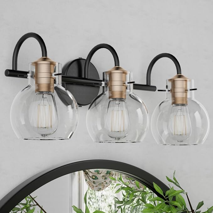 3 Lights Bathroom Vanity Light Fixtures Over Mirror Modern | Wall Sconce,Globe Glass Shade,E26 Base, UL Certified，Anti-Rust,Damp Rated,Brushed Cooper Black,Bathroom Bedroom Living Room
