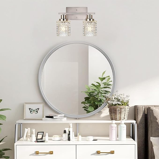MELUCEE 2-Light Wall Sconce Lighting with Hammered Glass Shade | Brushed Nickel Bathroom Lights Over Mirror, Modern Vanity Lighting Fixtures for Porch Entryway Stair